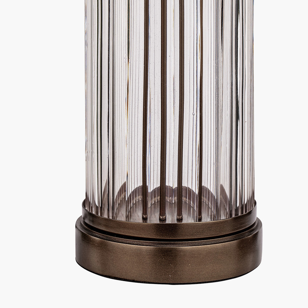 Ciara Clear Glass and Antique Bronze Metal Table Lamp Base with Stellan 35cm Green Slubbed Silk Mix Gold Lined Cylinder Lampshade