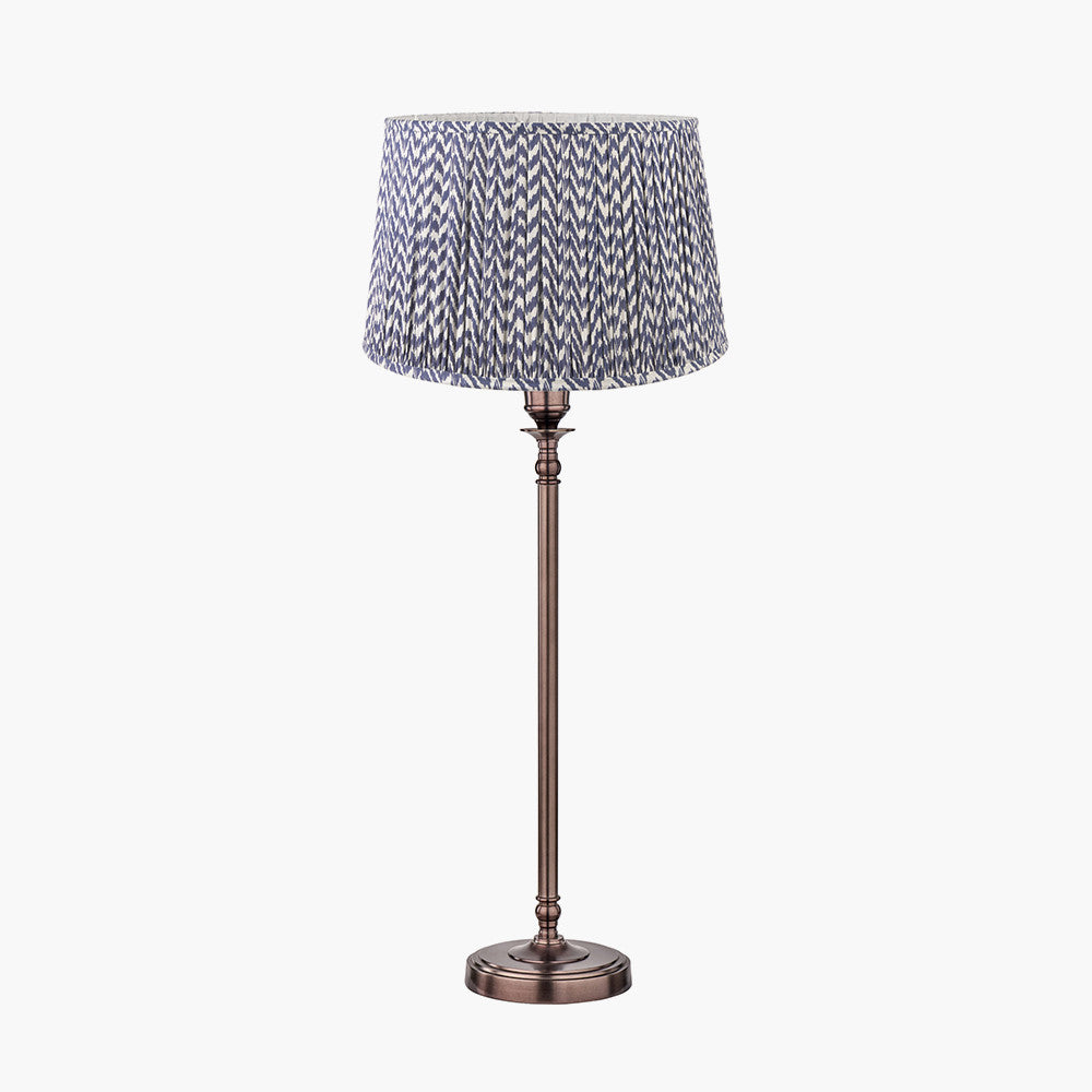 Piero Antique Bronze Metal Candlestick Table Lamp Base with Vienna 35cm Blue Chevron Mushroom Pleat Lampshade