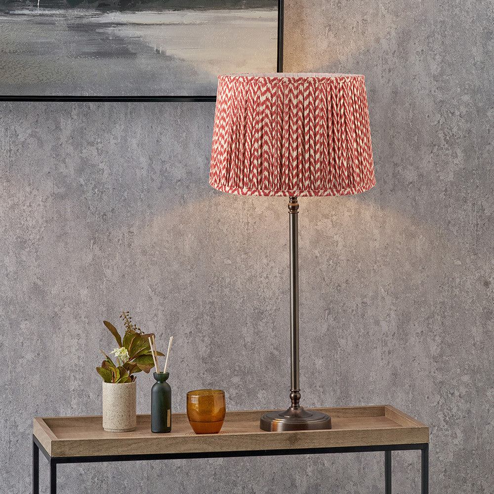 Piero Antique Bronze Metal Candlestick Table Lamp Base with Vienna 35cm Red Chevron Mushroom Pleat Lampshade