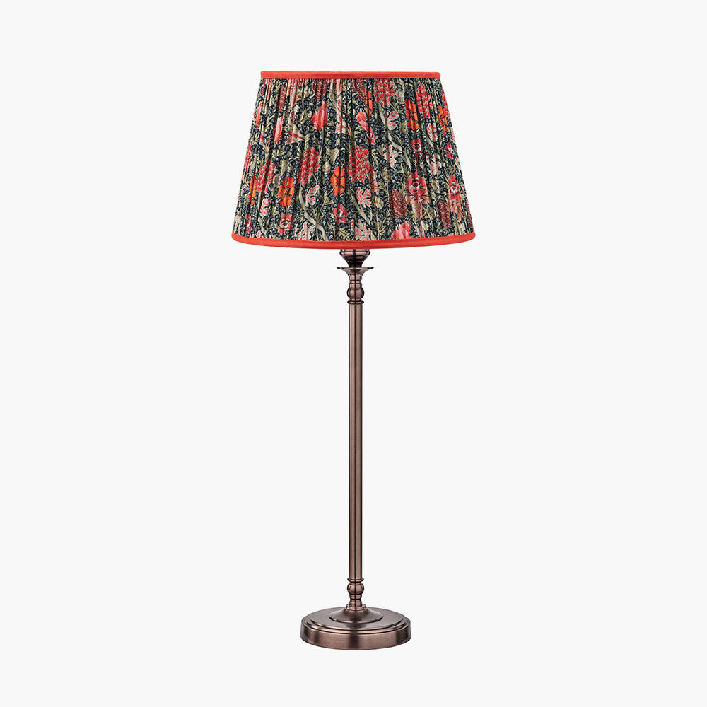 Piero Antique Bronze Metal Candlestick Table Lamp Base with Floressa 35cm Red Floral Patterned Mushroom Pleat Tapered Lamp Shade