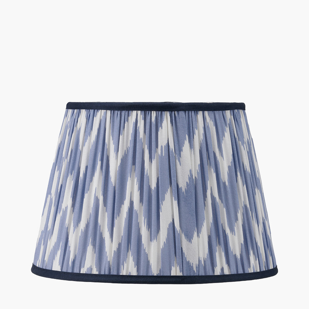 Piero Antique Bronze Metal Candlestick Table Lamp Base with Kamilah 35cm Blue Chevron Patterned Mushroom Pleat Tapered Lamp Shade