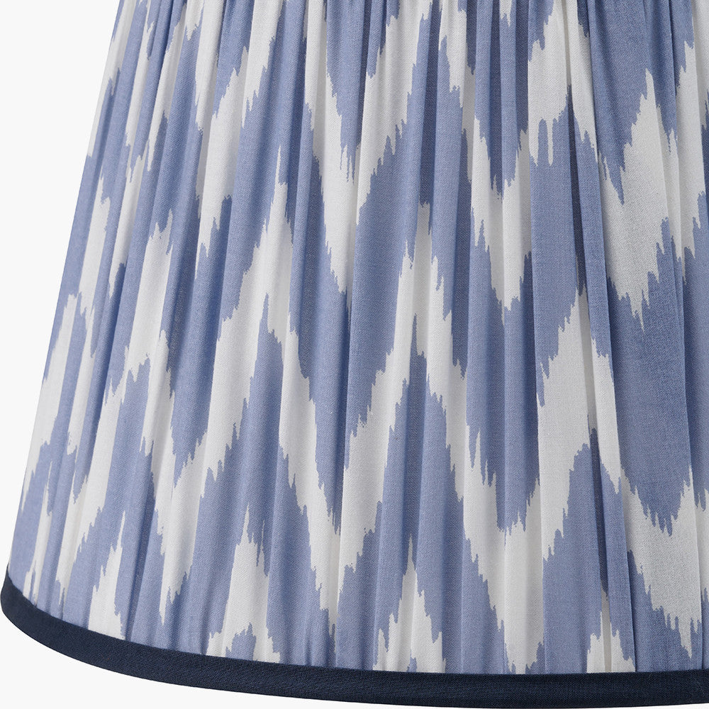 Piero Antique Bronze Metal Candlestick Table Lamp Base with Kamilah 35cm Blue Chevron Patterned Mushroom Pleat Tapered Lamp Shade