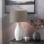 Eirene White Textured Stoneware Table Lamp Base with Edward 40cm Natural Linen Cylinder Lampshade
