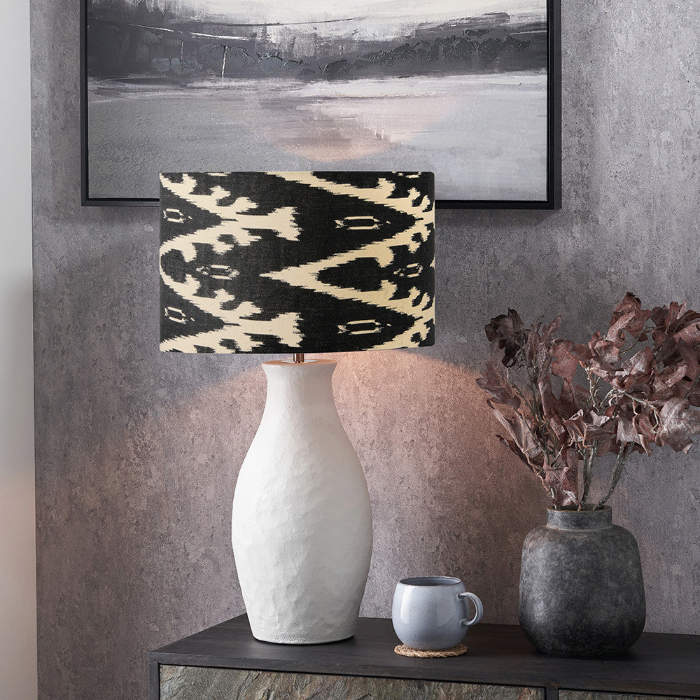 Eirene White Textured Stoneware Table Lamp Base with Lars 40cm Black Ikat Patterned Cylinder Lampshade