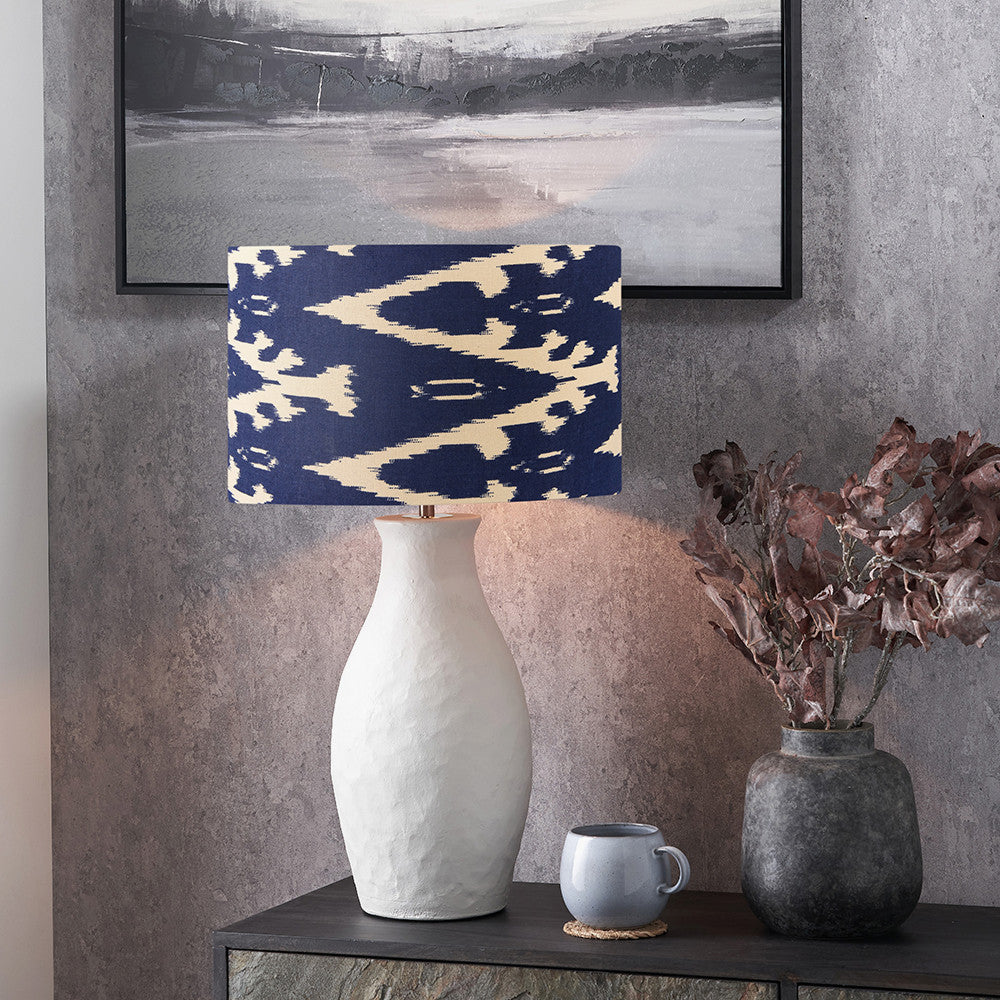 Eirene White Textured Stoneware Table Lamp Base with Lars 40cm Ocean Blue Ikat Patterned Cylinder Lampshade