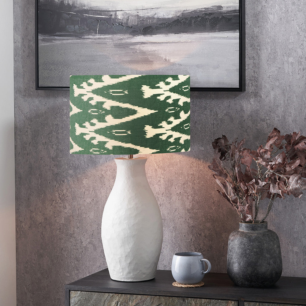 Eirene White Textured Stoneware Table Lamp Base with Lars 40cm Racing Green Ikat Patterned Cylinder Lampshade