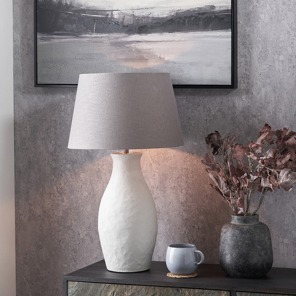 Eirene White Textured Stoneware Table Lamp Base with Lys 40cm Steel Grey Self Lined Linen Tapered Lampshade