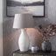 Eirene White Textured Stoneware Table Lamp Base with Lys 40cm Steel Grey Self Lined Linen Tapered Lampshade