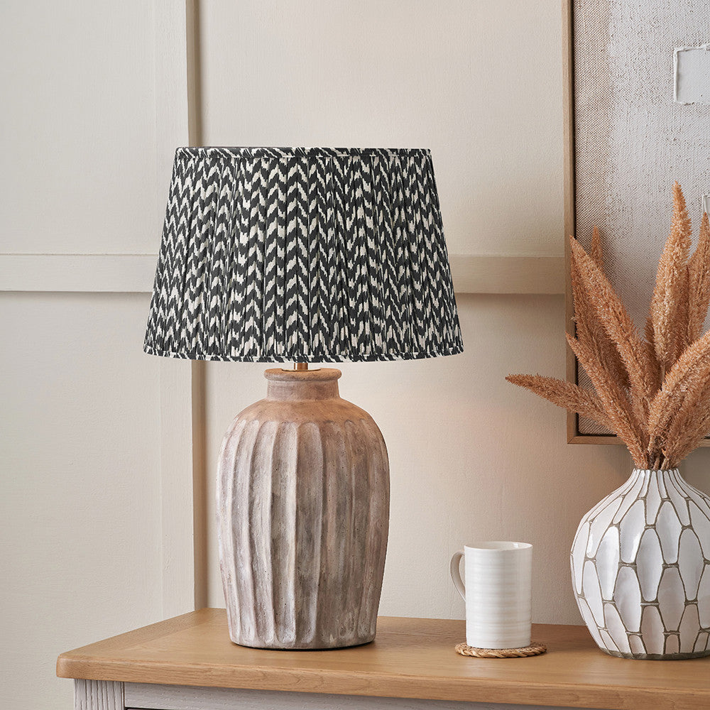 Ambrosia Natural Grooved Stoneware Table Lamp Base with Vienna 35cm Black Chevron Mushroom Pleat Lampshade