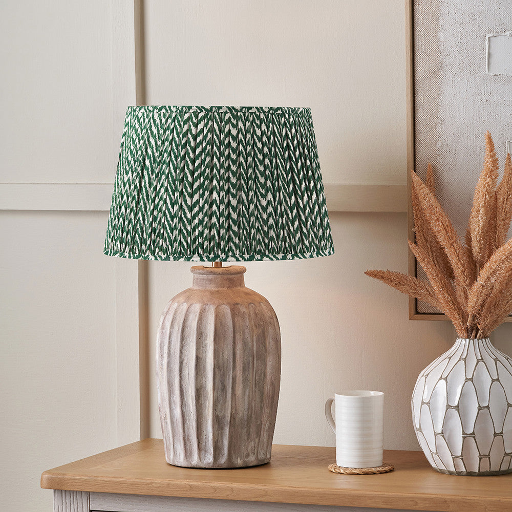 Ambrosia Natural Grooved Stoneware Table Lamp Base with Vienna 35cm Forest Green Chevron Mushroom Pleat Lampshade