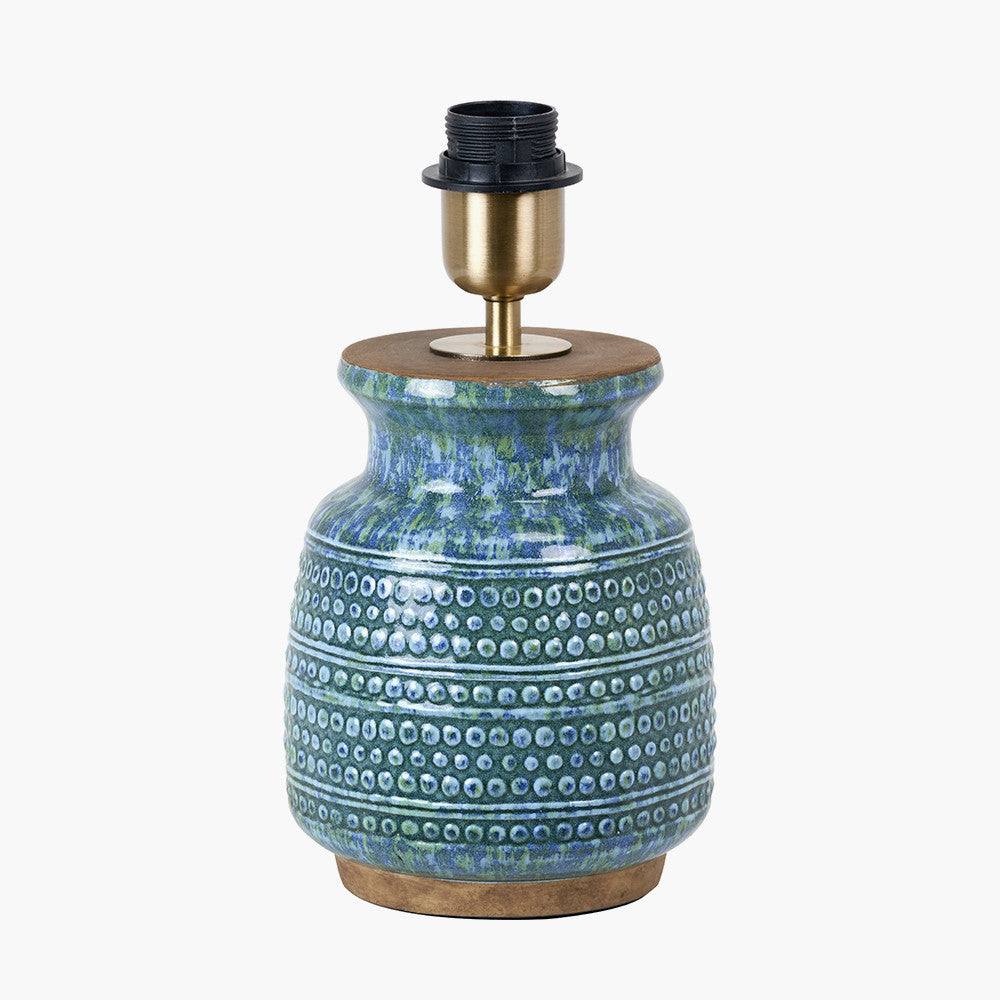 Theano Dot Design Blue Glaze Table Lamp Base with Milos 30cm Natural Linen Tapered Lampshade