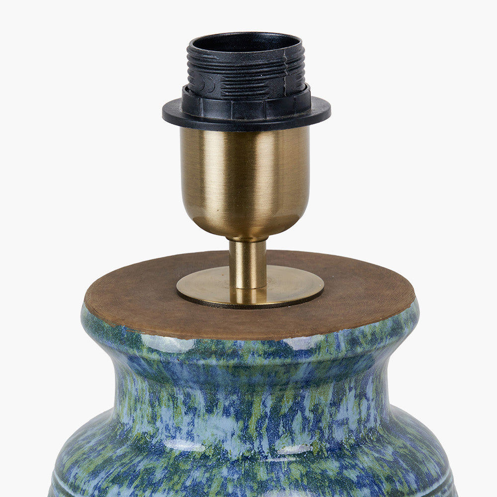 Theano Dot Design Blue Glaze Table Lamp Base with Milos 30cm Natural Linen Tapered Lampshade