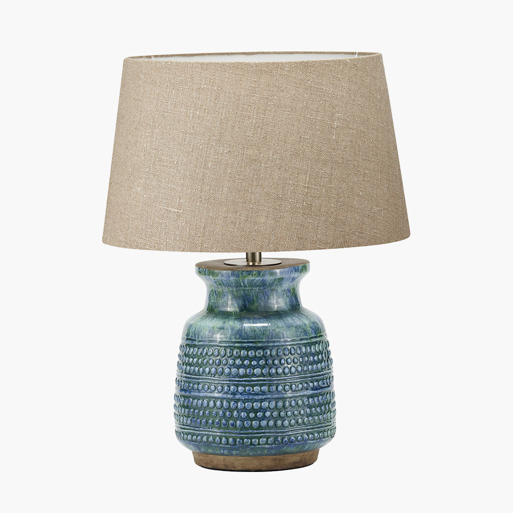 Theano Dot Design Blue Glaze Table Lamp Base with Milos 30cm Natural Linen Tapered Lampshade