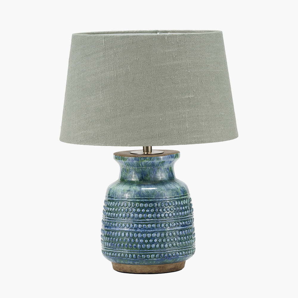 Theano Dot Design Blue Glaze Table Lamp Base with Milos 30cm Pistachio Green Linen Tapered Lampshade