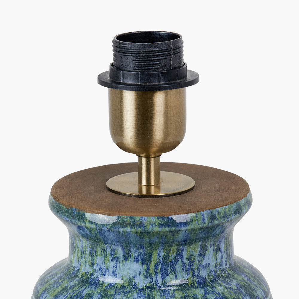 Theano Dot Design Blue Glaze Table Lamp Base with Milos 30cm Pistachio Green Linen Tapered Lampshade