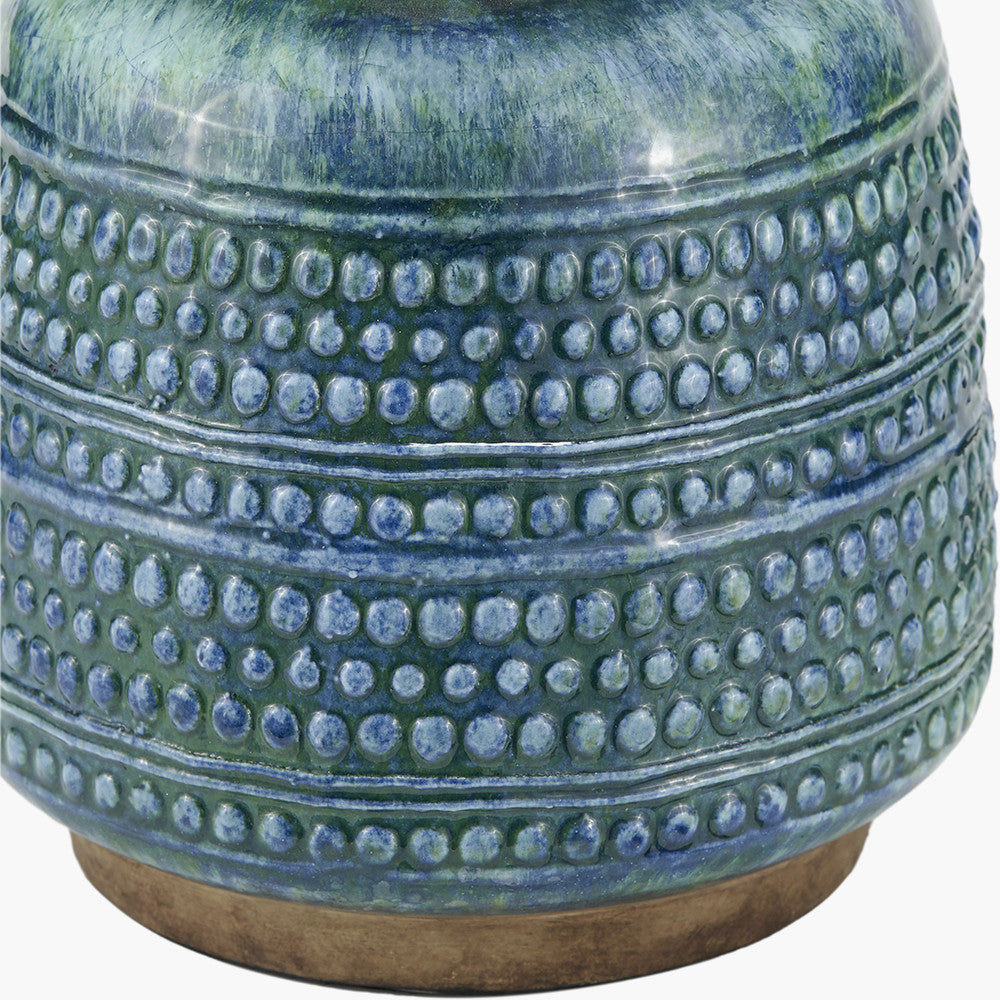 Theano Dot Design Blue Glaze Table Lamp Base with Milos 30cm Pistachio Green Linen Tapered Lampshade
