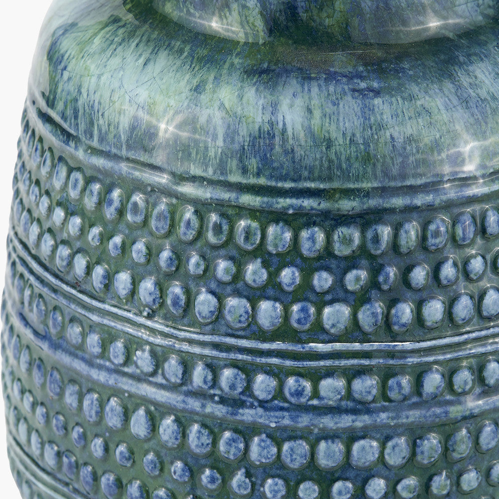 Theano Dot Design Blue Glaze Table Lamp Base with Milos 30cm Pistachio Green Linen Tapered Lampshade