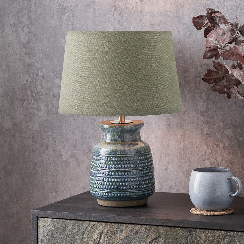 Theano Dot Design Blue Glaze Table Lamp Base with Milos 30cm Pistachio Green Linen Tapered Lampshade