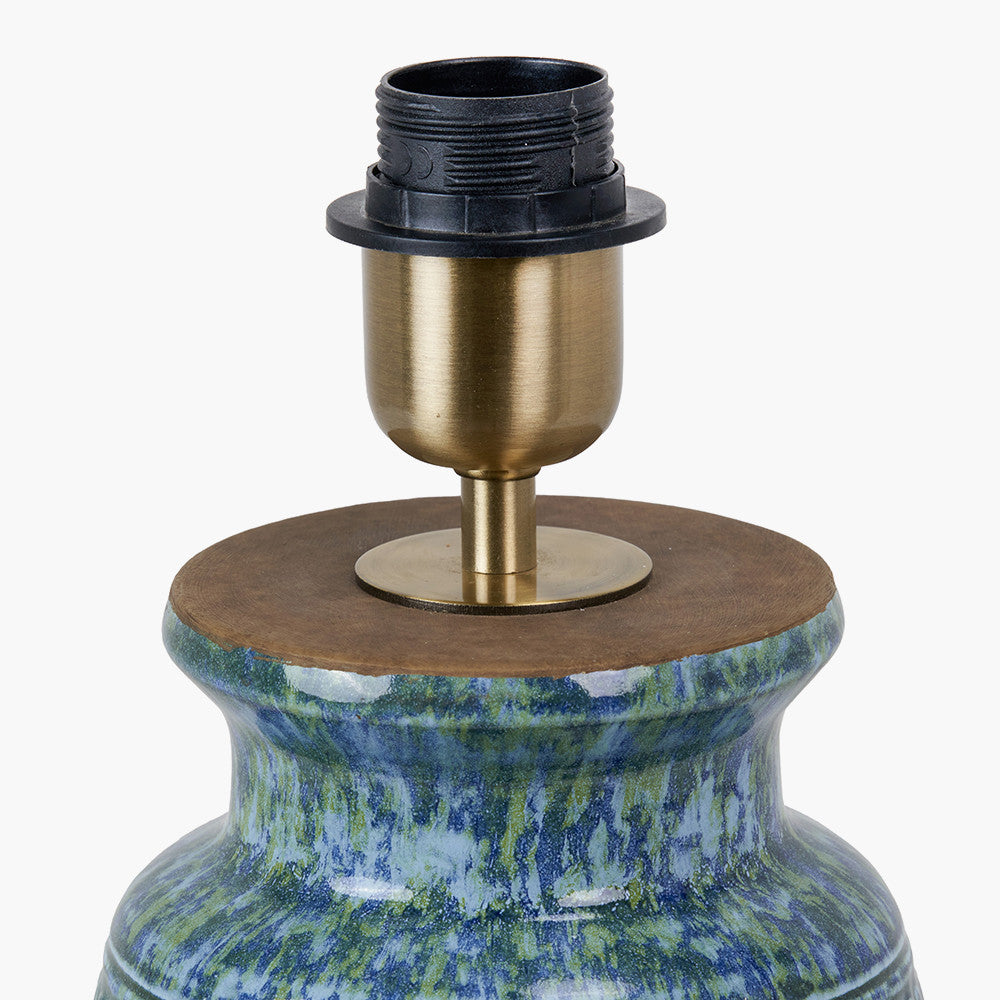Theano Dot Design Blue Glaze Table Lamp Base with Edward 30cm Natural Linen Cylinder Lampshade