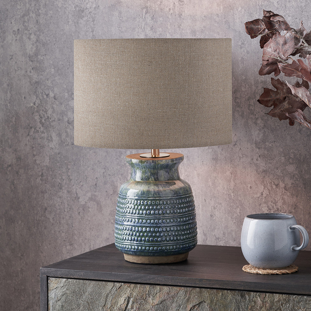 Theano Dot Design Blue Glaze Table Lamp Base with Edward 30cm Natural Linen Cylinder Lampshade