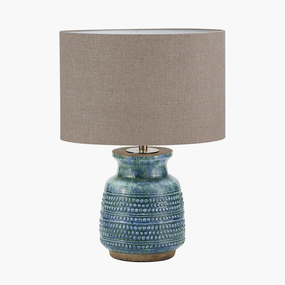 Theano Dot Design Blue Glaze Table Lamp Base with Edward 30cm Natural Linen Cylinder Lampshade