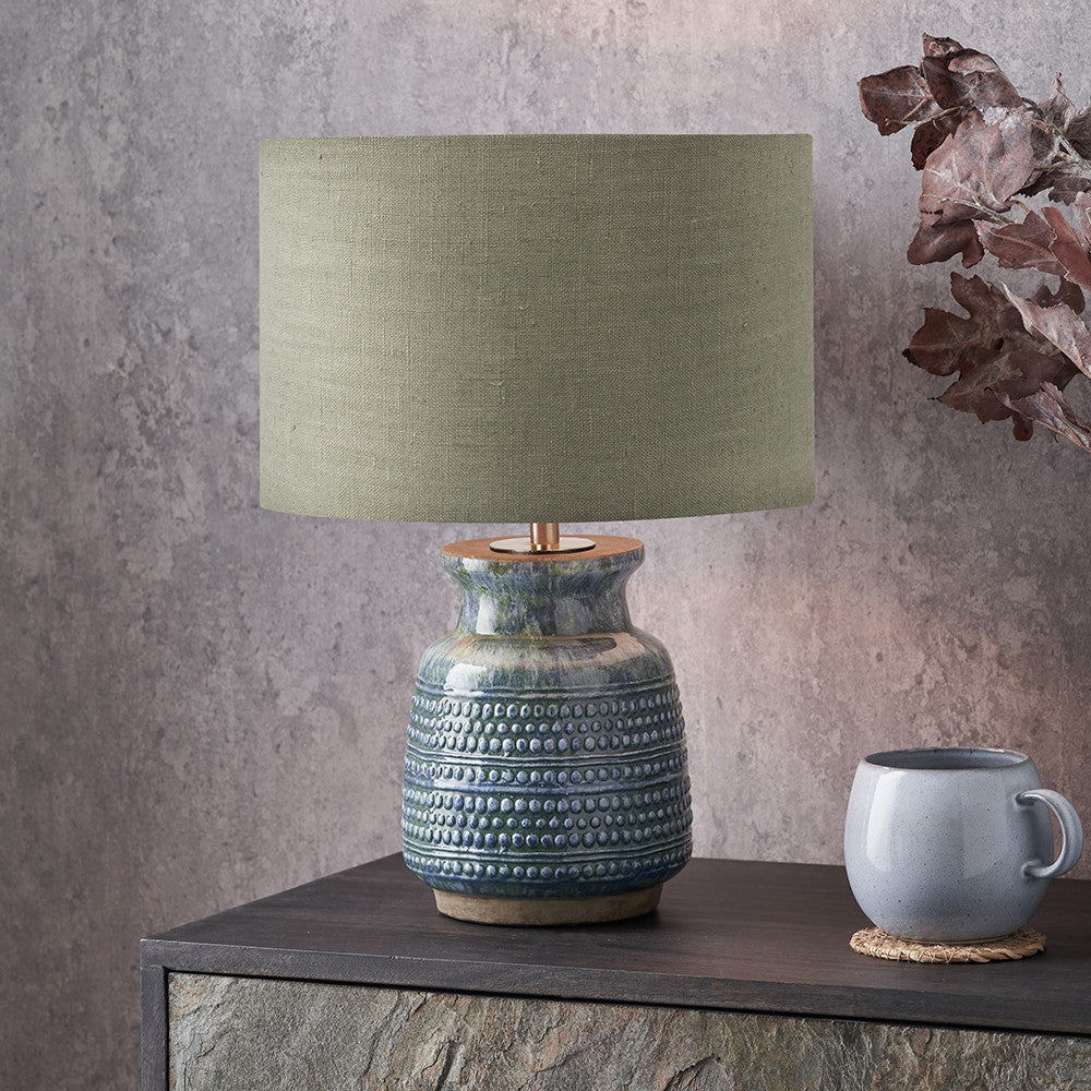 Theano Dot Design Blue Glaze Table Lamp Base with Edward 30cm Pistachio Green Linen Cylinder Lampshade