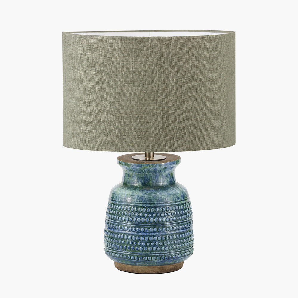 Theano Dot Design Blue Glaze Table Lamp Base with Edward 30cm Pistachio Green Linen Cylinder Lampshade