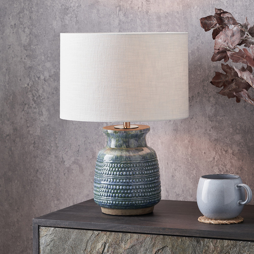 Theano Dot Design Blue Glaze Table Lamp Base with Lino 30cm White Self Lined Linen Cylinder Lampshade