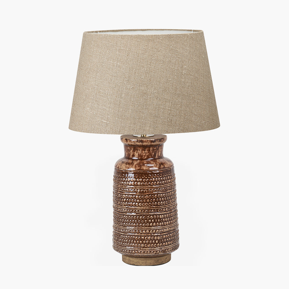 Theano Dot Design Brown Glaze Tall Table Lamp Base with Milos 35cm Natural Linen Tapered Lampshade