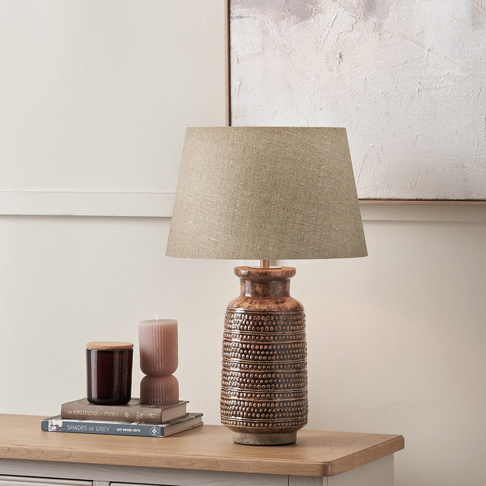 Theano Dot Design Brown Glaze Tall Table Lamp Base with Milos 35cm Natural Linen Tapered Lampshade