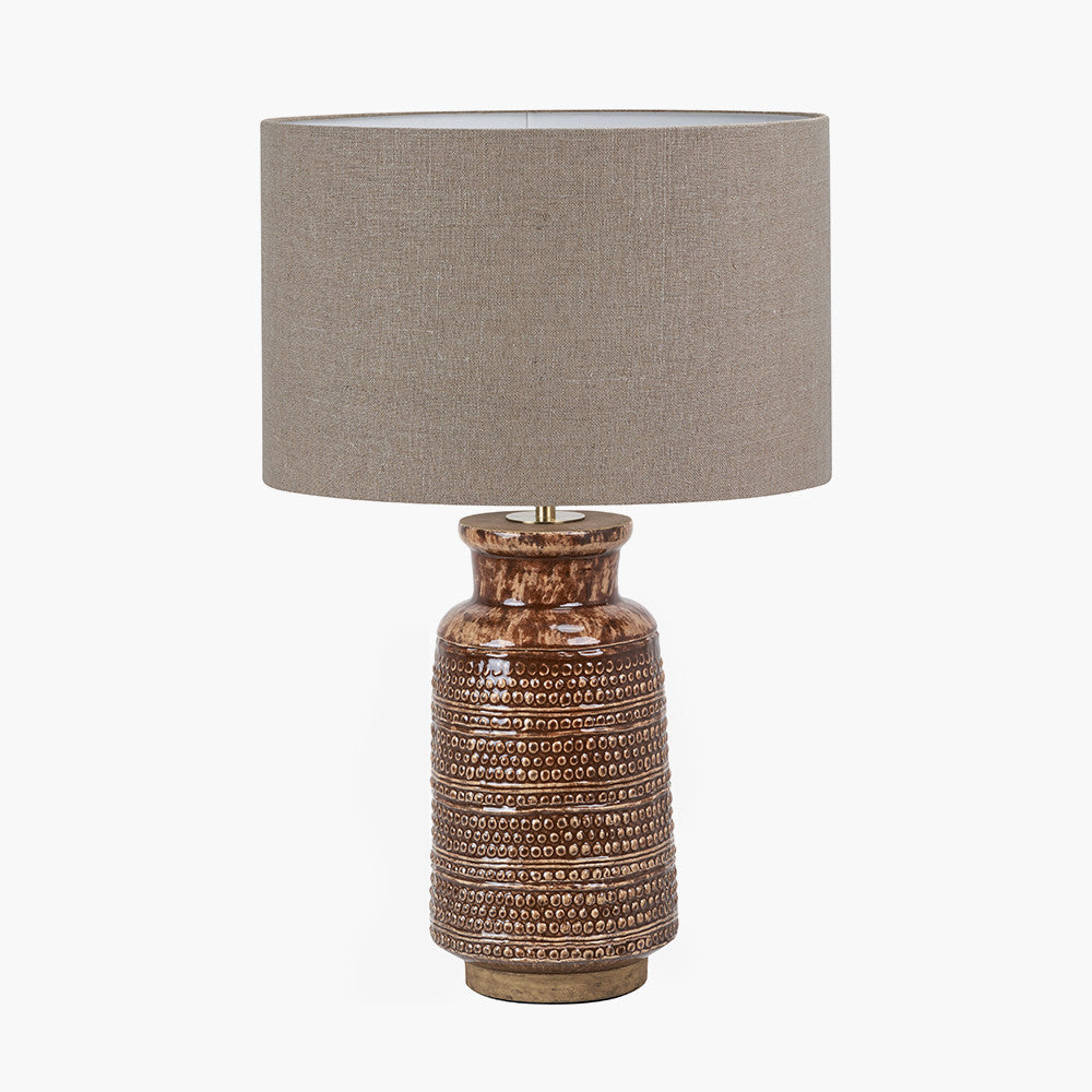 Theano Dot Design Brown Glaze Tall Table Lamp Base with Edward 35cm Natural Linen Cylinder Lampshade
