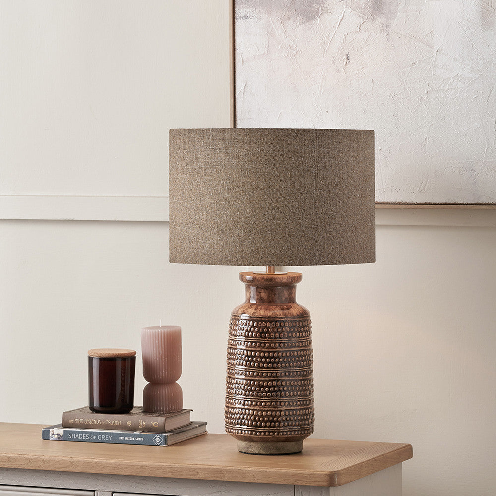 Theano Dot Design Brown Glaze Tall Table Lamp Base with Edward 35cm Natural Linen Cylinder Lampshade