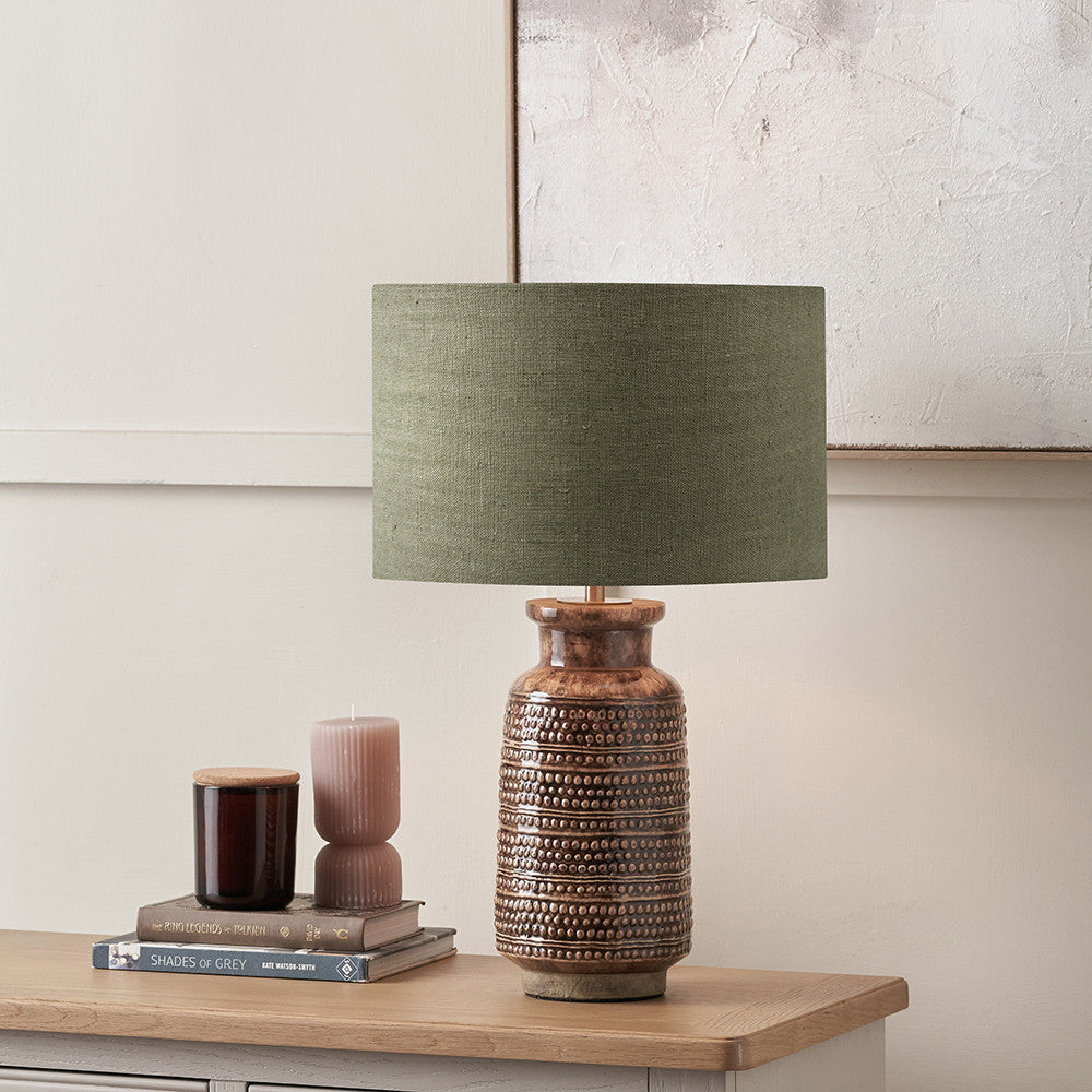Theano Dot Design Brown Glaze Tall Table Lamp Base with Edward 35cm Pistachio Green Linen Cylinder Lampshade