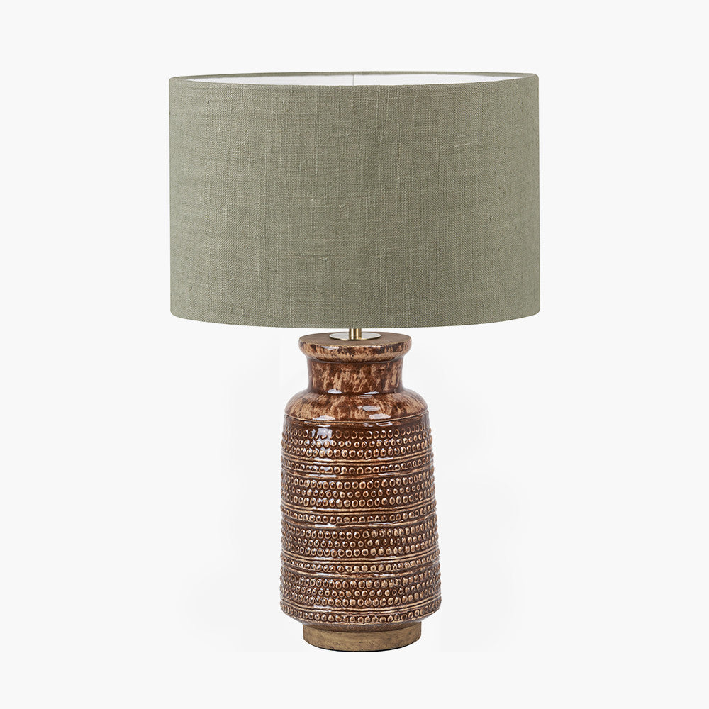 Theano Dot Design Brown Glaze Tall Table Lamp Base with Edward 35cm Pistachio Green Linen Cylinder Lampshade