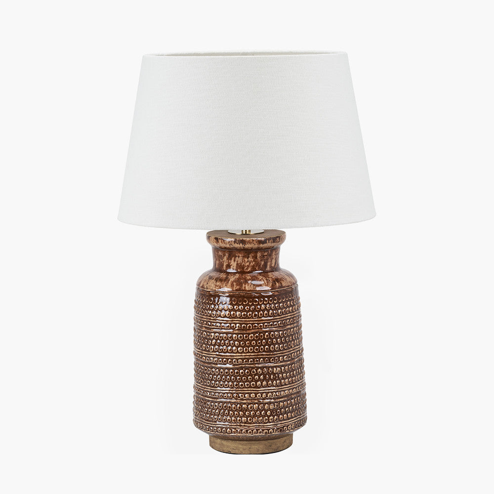 Theano Dot Design Brown Glaze Tall Table Lamp Base with Lys 35cm White Self Lined Linen Tapered Lampshade