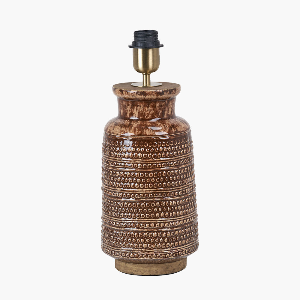 Theano Dot Design Brown Glaze Tall Table Lamp Base with Lys 35cm White Self Lined Linen Tapered Lampshade