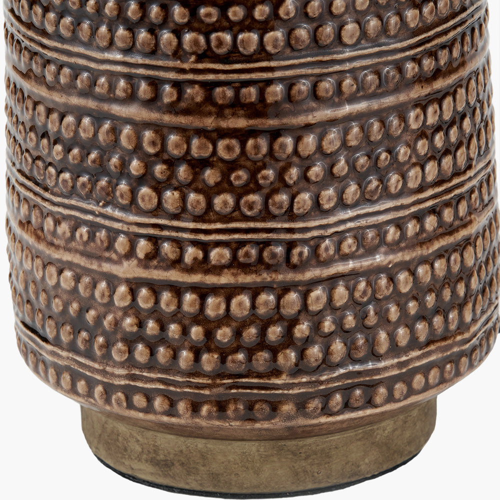 Theano Dot Design Brown Glaze Tall Table Lamp Base with Lys 35cm White Self Lined Linen Tapered Lampshade