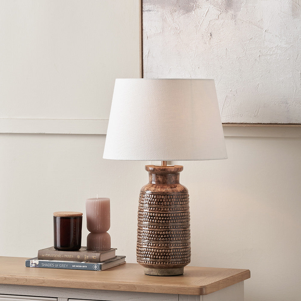 Theano Dot Design Brown Glaze Tall Table Lamp Base with Lys 35cm White Self Lined Linen Tapered Lampshade