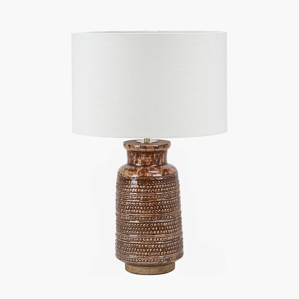 Theano Dot Design Brown Glaze Tall Table Lamp Base with Lino 35cm White Self Lined Linen Cylinder Lampshade