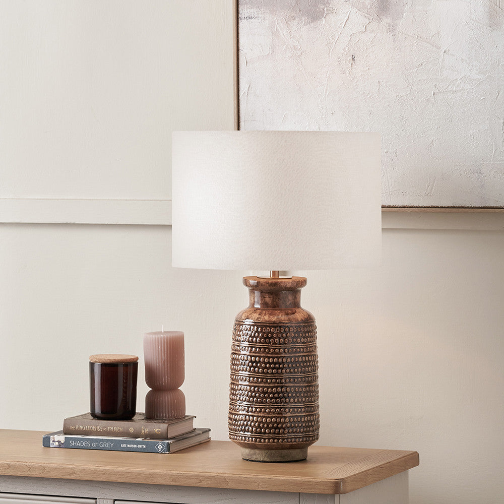 Theano Dot Design Brown Glaze Tall Table Lamp Base with Lino 35cm White Self Lined Linen Cylinder Lampshade