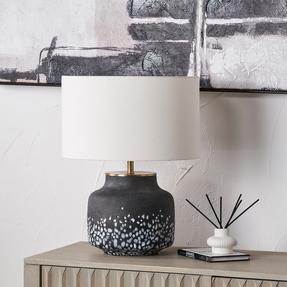 Etna Black and White Glass Table Lamp Base with Henry 40cm White Handloom Cylinder Lampshade