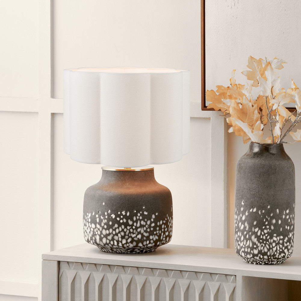 Etna Black and White Glass Table Lamp Base with Bloom 40cm White Handloom Scalloped Cylinder Lampshade