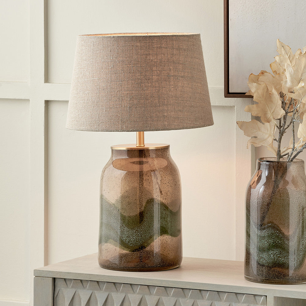 Valtellina Brown and Green Glass Table Lamp Base with Milos 35cm Natural Linen Tapered Lampshade