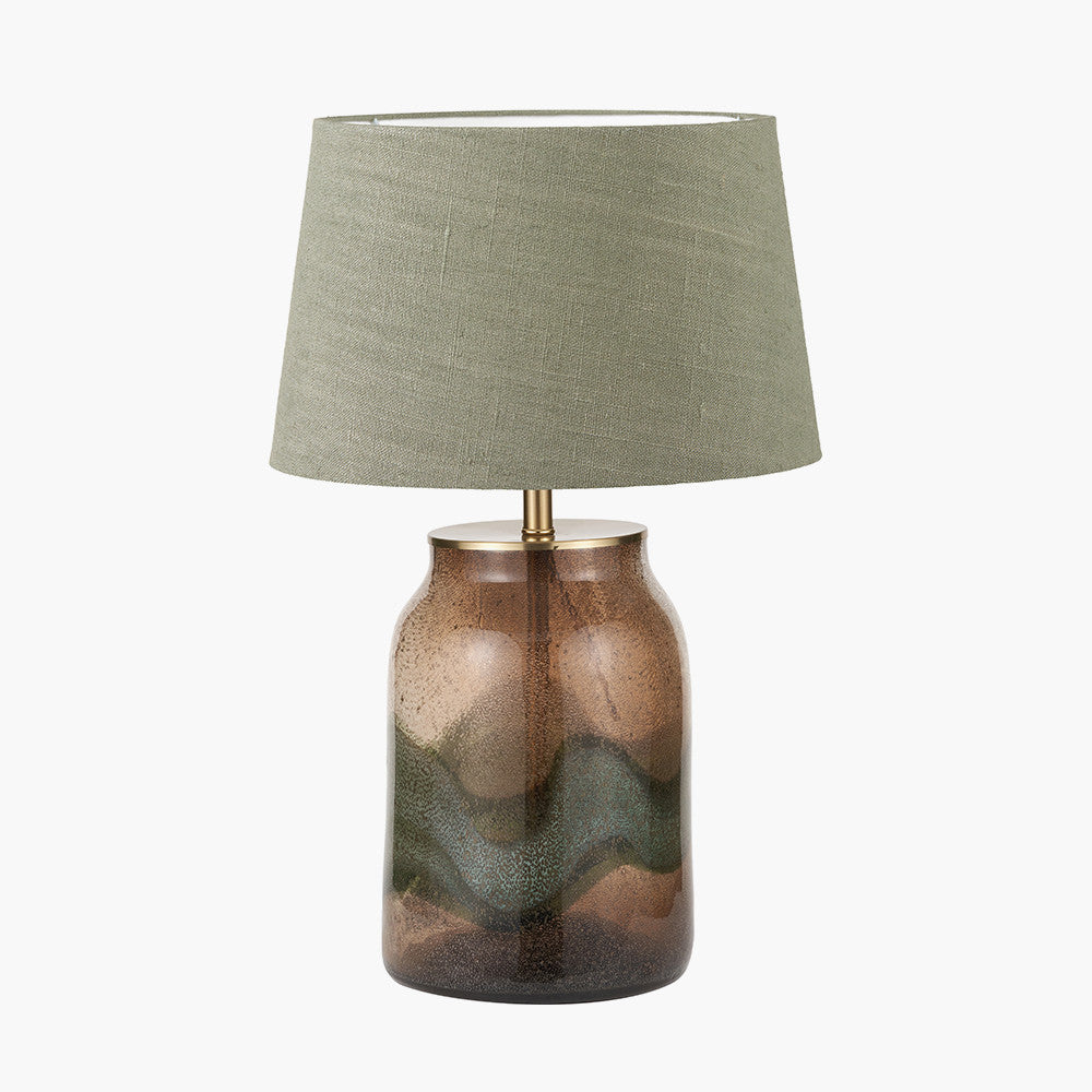 Valtellina Brown and Green Glass Table Lamp Base with Milos 35cm Pistachio Green Linen Tapered Lampshade