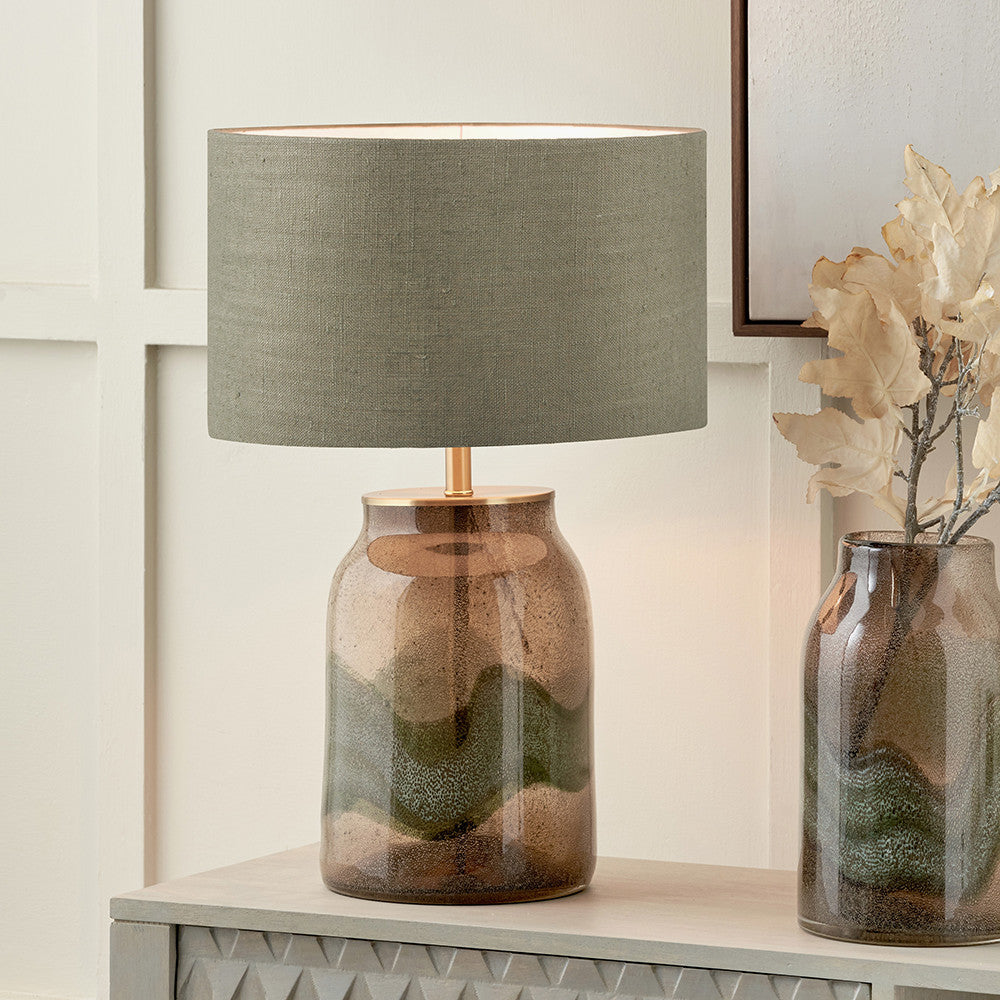 Valtellina Brown and Green Glass Table Lamp Base with Edward 35cm Pistachio Green Linen Cylinder Lampshade