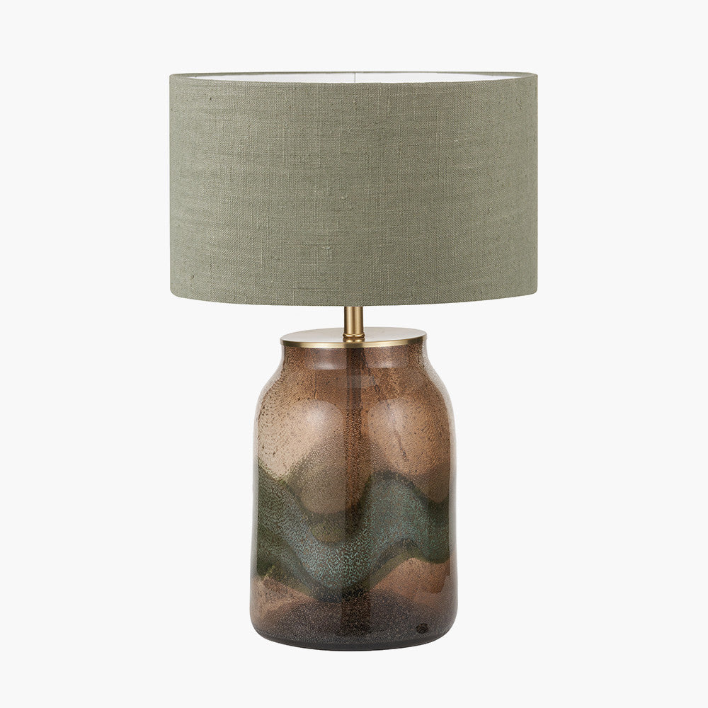 Valtellina Brown and Green Glass Table Lamp Base with Edward 35cm Pistachio Green Linen Cylinder Lampshade