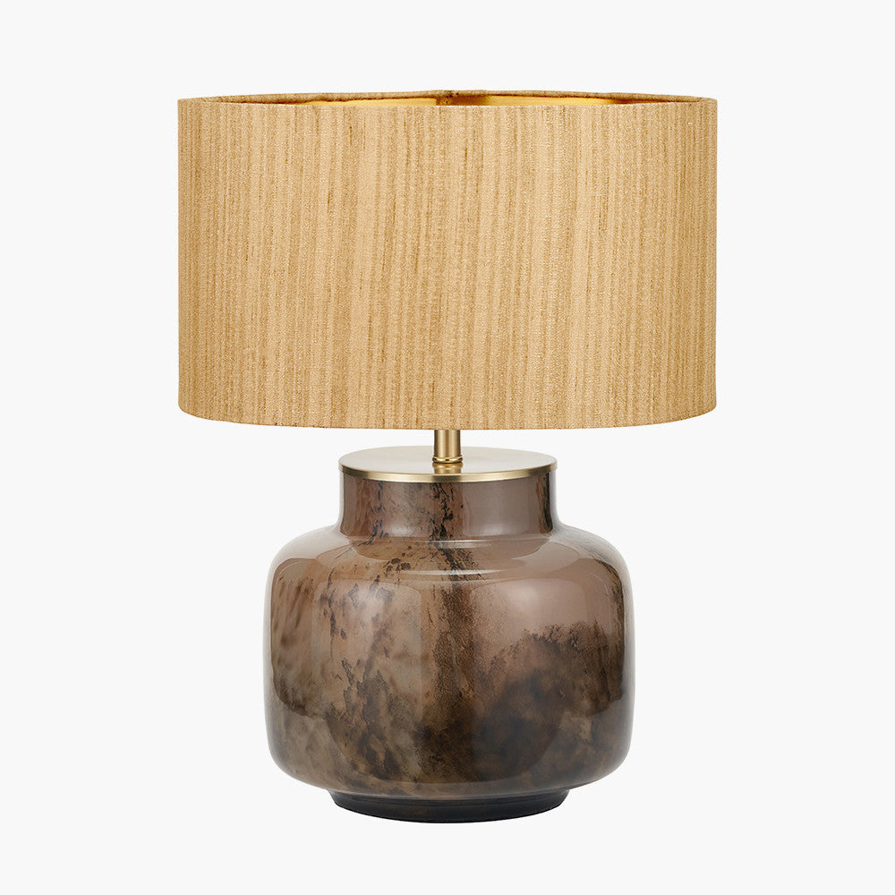 Cerdanya Brown and Beige Glass Table Lamp Base with Stellan 40cm Gold Slubbed Silk Mix Gold Lined Cylinder Lampshade