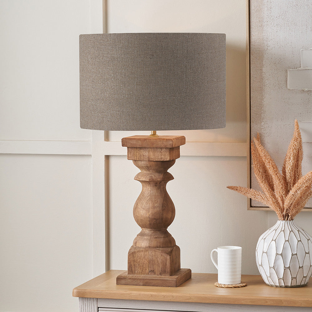 Kavya Antique Brown Turned Wood Table Lamp Base with Edward 45cm Natural Linen Cylinder Lampshade