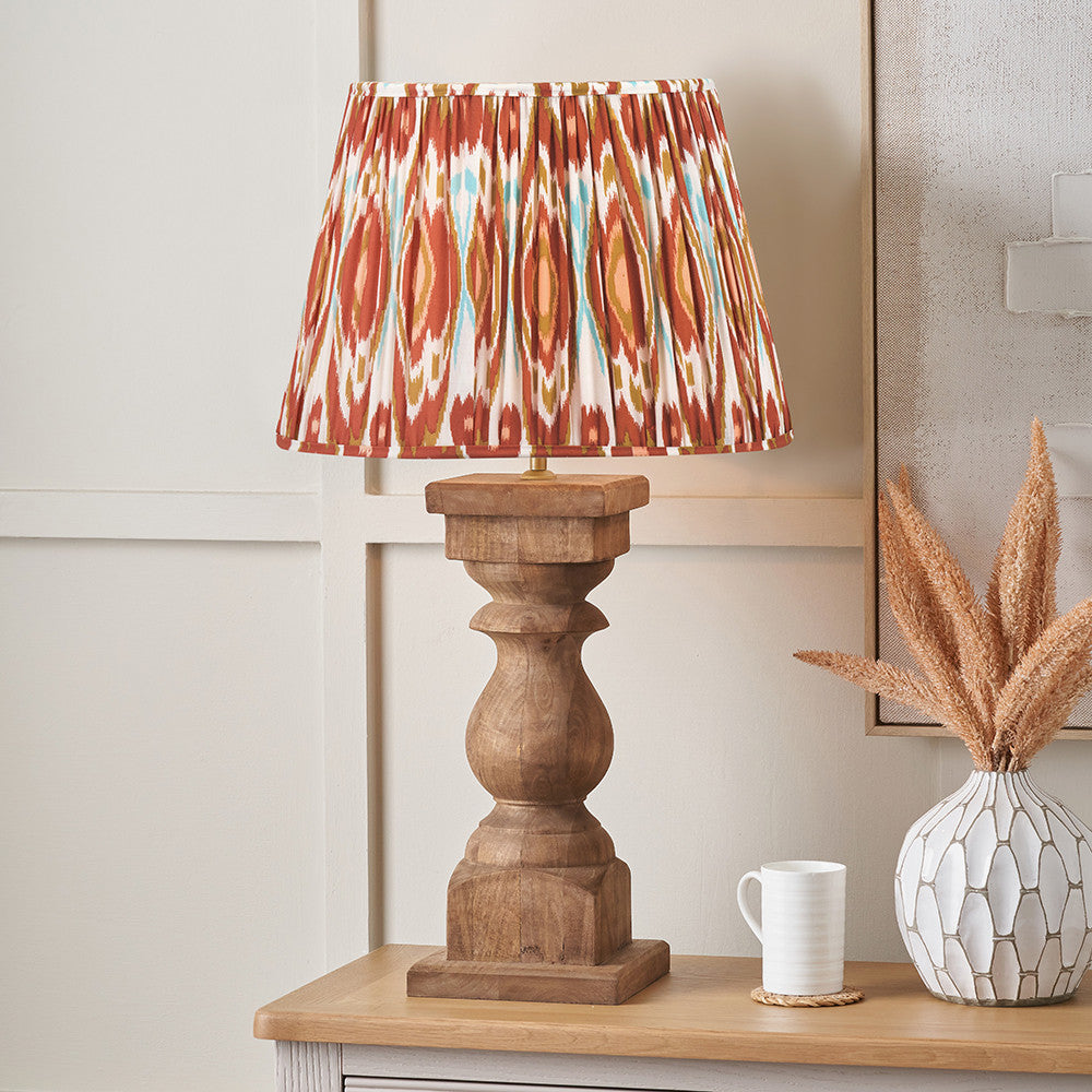 Kavya Antique Brown Turned Wood Table Lamp Base with Izara 45cm Cinnamon Ikat Patterned Mushroom Pleat Tapered Lampshade