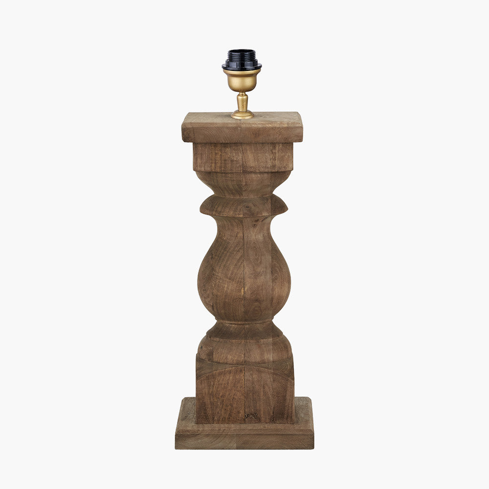 Kavya Antique Brown Turned Wood Table Lamp Base with Izara 45cm Ocean Blue Ikat Patterned Mushroom Pleat Tapered Lampshade